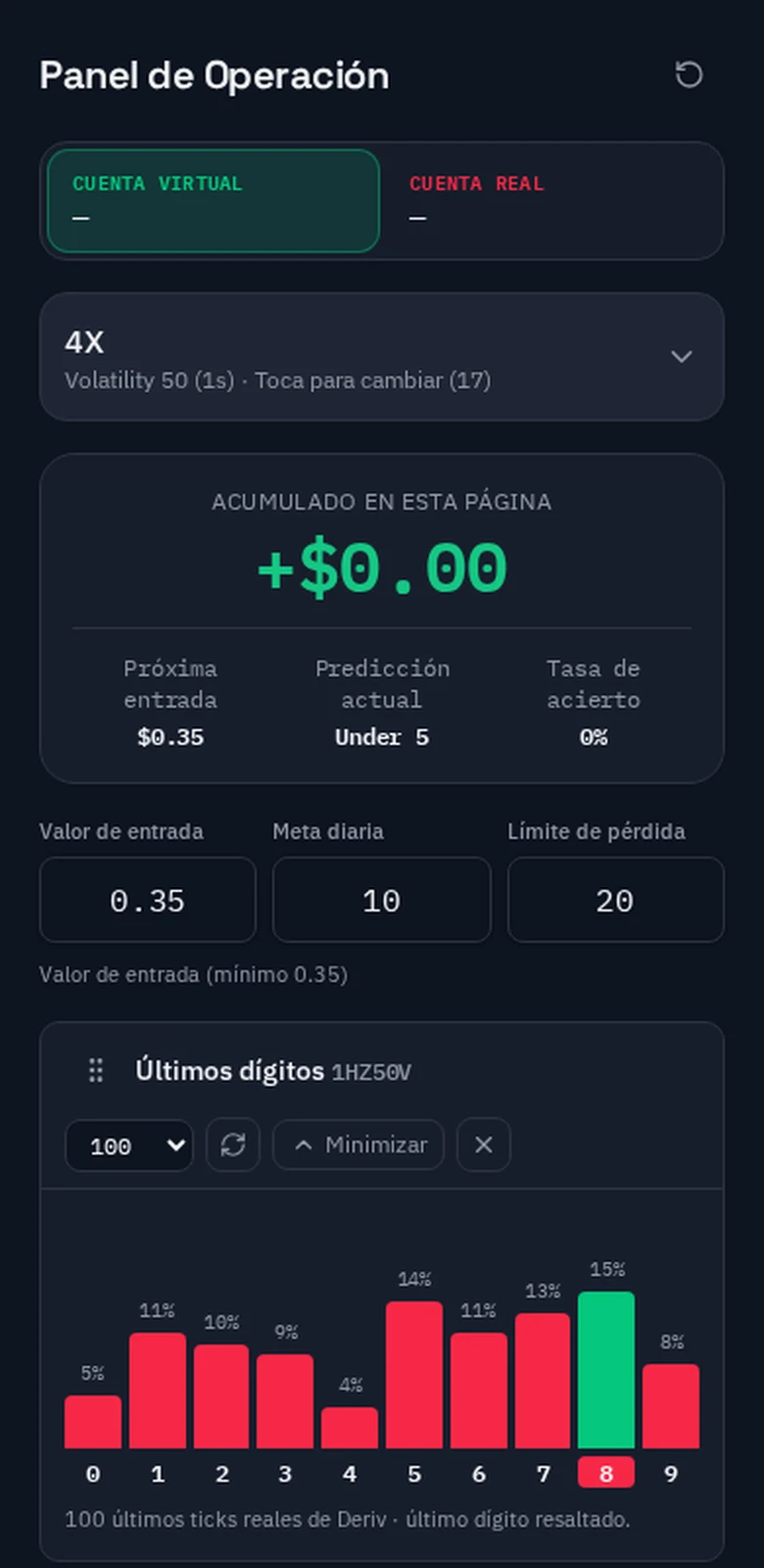 Panel de operaciones del bot en el celular, Kayrabot