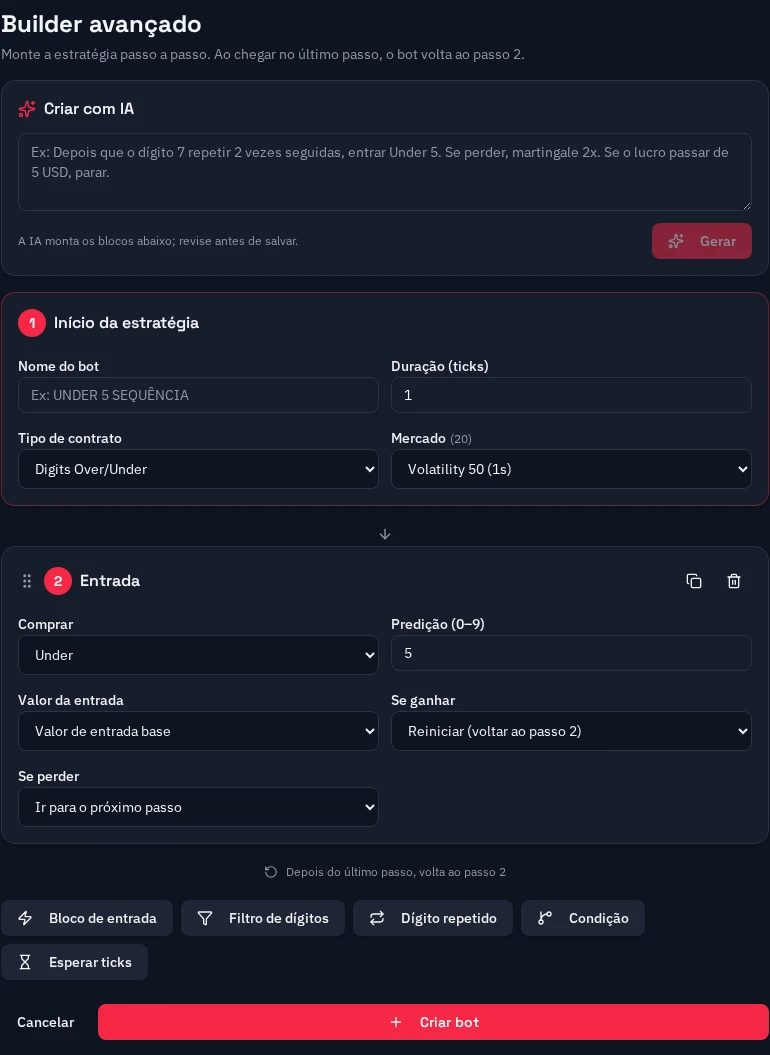 Tela real do builder Kayrabot com IA e blocos de estratégia