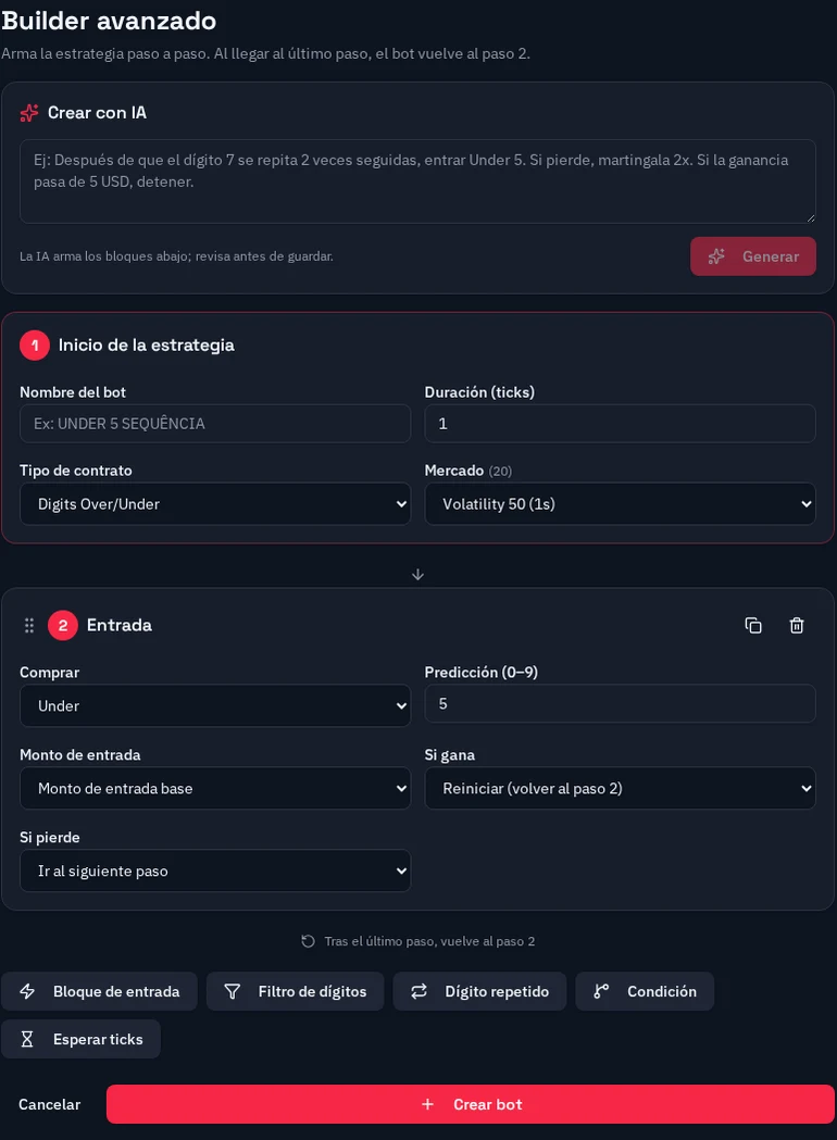 Pantalla real del builder Kayrabot con IA y bloques de estrategia